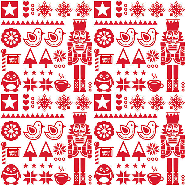 Christmas seamless red pattern with nutcracker - folk art style Retro style red Xmas or winter pattern - repetitive background, wallpaper  tree repetition single flower flower stock illustrations