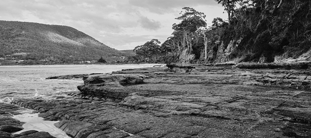 View of Tessellated Pavement in Pirates Bay, Tasmania. Black and White.
