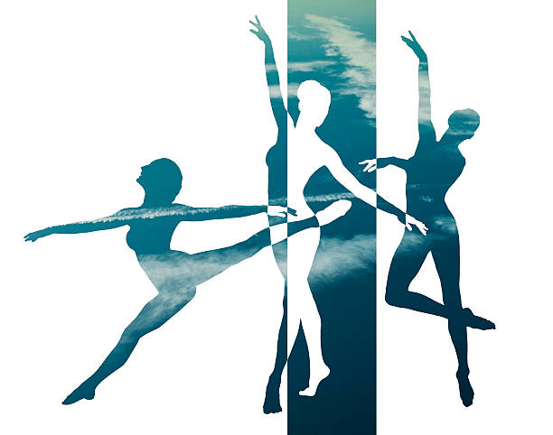 istock Double exposure of dancer silhouettes and blue overcast sky 612027614