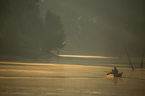 Novi Sad, Serbia - October 2, 2016: Fishermen at Danube river bayou near Novi Sad, Serbia. October, peak of carp and pike season, early morning scene of fisherman paddling and looking for fishing spot. View from International bicycle route EuroVelo 6.