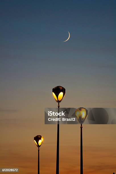 Street Lamp And Moon Stock Photo - Download Image Now - Antique, Antiquities, Architecture