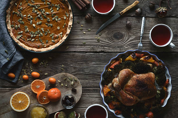 istock Wooden table served for Thanksgiving dinner horizontal 612030150