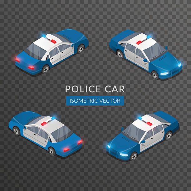 ilustrações de stock, clip art, desenhos animados e ícones de set with flat isolated police car icons with siren - emergency services car urgency isometric