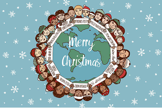Christmas around the world Hand drawn doodle faces with Merry Christmas signs in different languages diverse family christmas stock illustrations