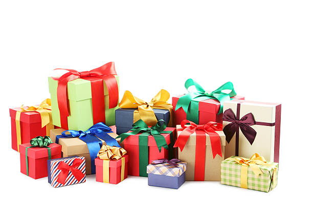 istock Gift boxes with ribbon isolated on a white 612032752