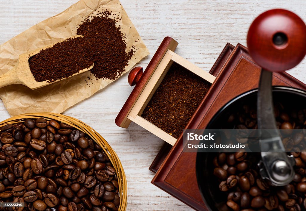 Coffee Preparation with Grinder Coffee Grinder with Beans and Ground in top View Brown Stock Photo