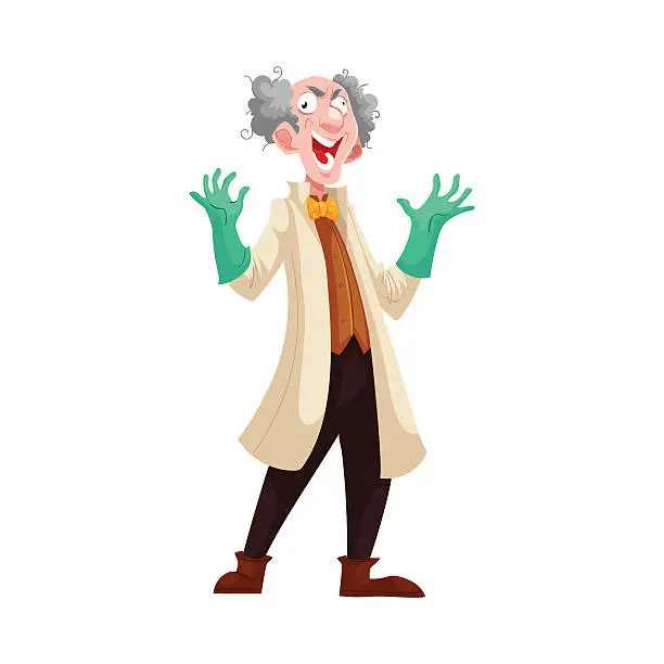 Vector illustration of Mad professor in lab coat and green rubber gloves