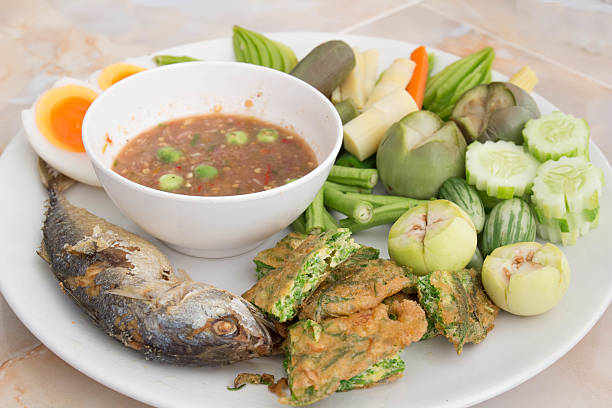istock Chili paste with fried mackerel and vegetable Thai food 612226650