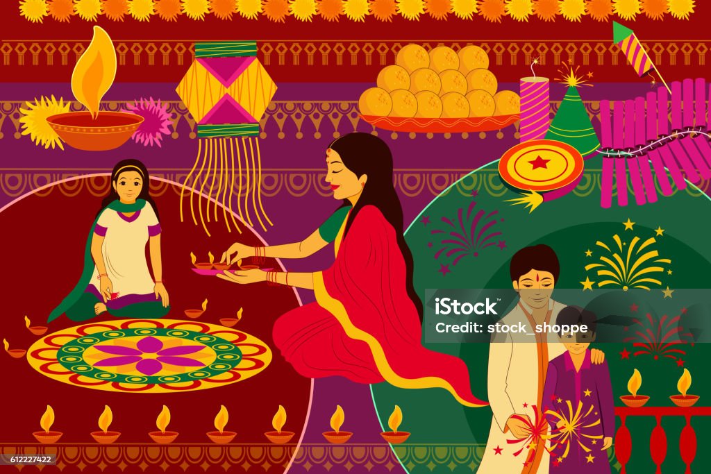 Indian family celebrating Happy Diwali festival background kitsch art India vector illustration of Indian family celebrating Happy Diwali festival background kitsch art India Diwali stock vector