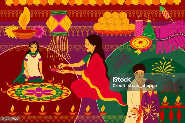 Indian Family Celebrating Happy Diwali Festival Background Kitsch Art India Stock Illustration - Download Image Now