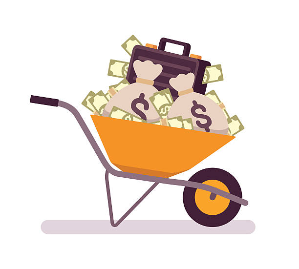 Wheelbarrow full of money Wheelbarrow full of money. Cartoon vector flat-style concept illustration wheelbarrow stock illustrations