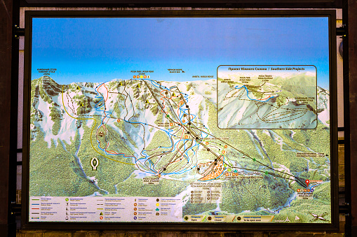 Sochi, Russia - October 31, 2015: Interactive map - information banner on Alpine ski resort \