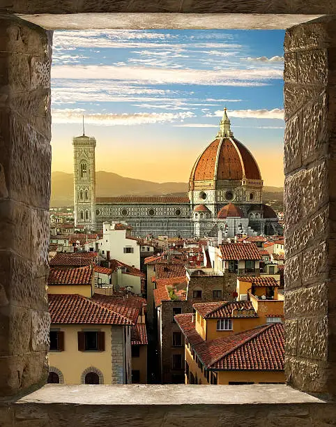 View on Cattedrale di Santa Maria del Fiore in Florence from ancient window, Italy