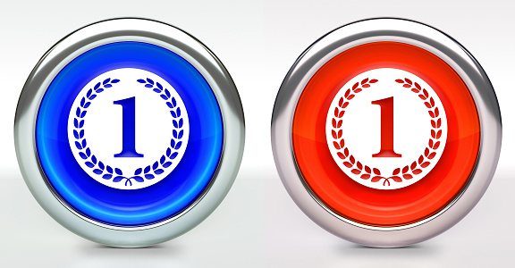 1st Place Medal Icon on Button with Metallic Rim. The icon comes in two versions blue and red and has a shiny metallic rim. The buttons have a slight shadow and are on a white background. The modern look of the buttons is very clean and will work perfectly for websites and mobile aps.
