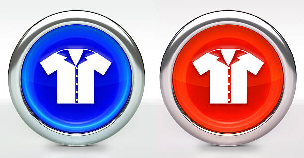 Bowling Shirt Icon on Button with Metallic Rim. The icon comes in two versions blue and red and has a shiny metallic rim. The buttons have a slight shadow and are on a white background. The modern look of the buttons is very clean and will work perfectly for websites and mobile aps.