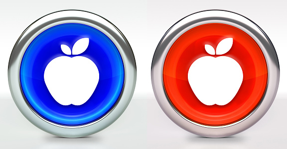 Apple Icon on Button with Metallic Rim. The icon comes in two versions blue and red and has a shiny metallic rim. The buttons have a slight shadow and are on a white background. The modern look of the buttons is very clean and will work perfectly for websites and mobile aps.