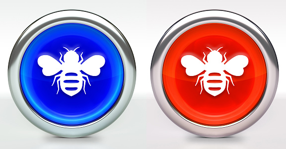 Honey Bees Icon on Button with Metallic Rim. The icon comes in two versions blue and red and has a shiny metallic rim. The buttons have a slight shadow and are on a white background. The modern look of the buttons is very clean and will work perfectly for websites and mobile aps.