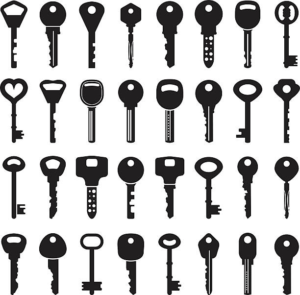 Set of vector keys Set of vector keys bank financial building silhouettes stock illustrations