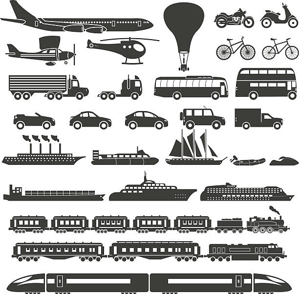 ilustraciones, imágenes clip art, dibujos animados e iconos de stock de conjunto de iconos de transporte - silhouette bus symbol motor scooter
