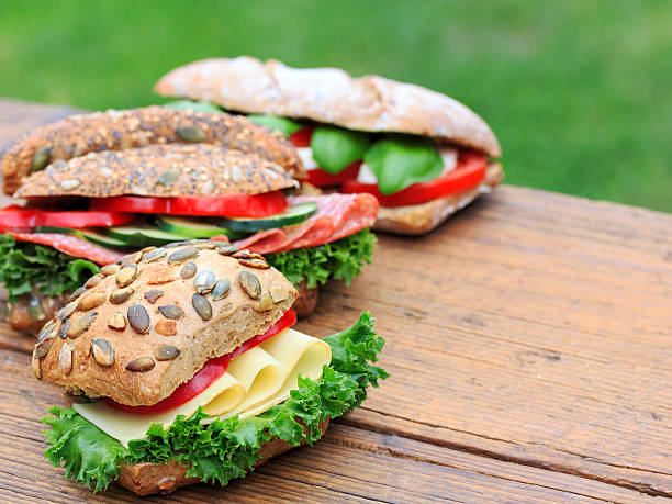 as sanduíches - mozzarella tomato sandwich picnic imagens e fotografias de stock