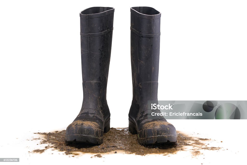 Muddy rubber boots front view Muddy rubber boots front view isolated on white background Mud Stock Photo