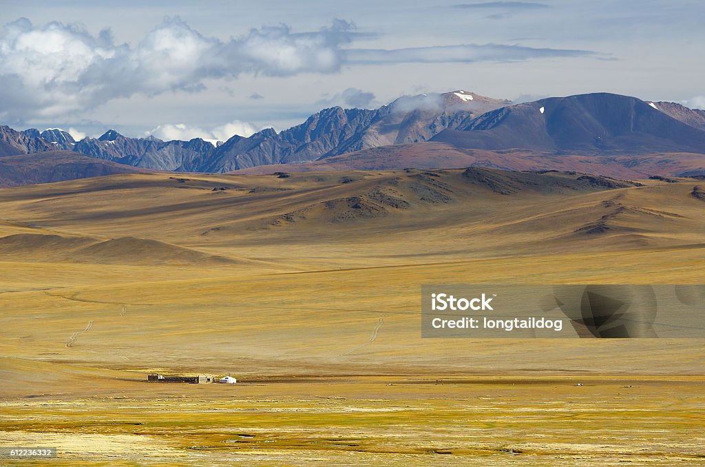 Steppe landscape with a nomad's camp Semi-Arid Stock Photo