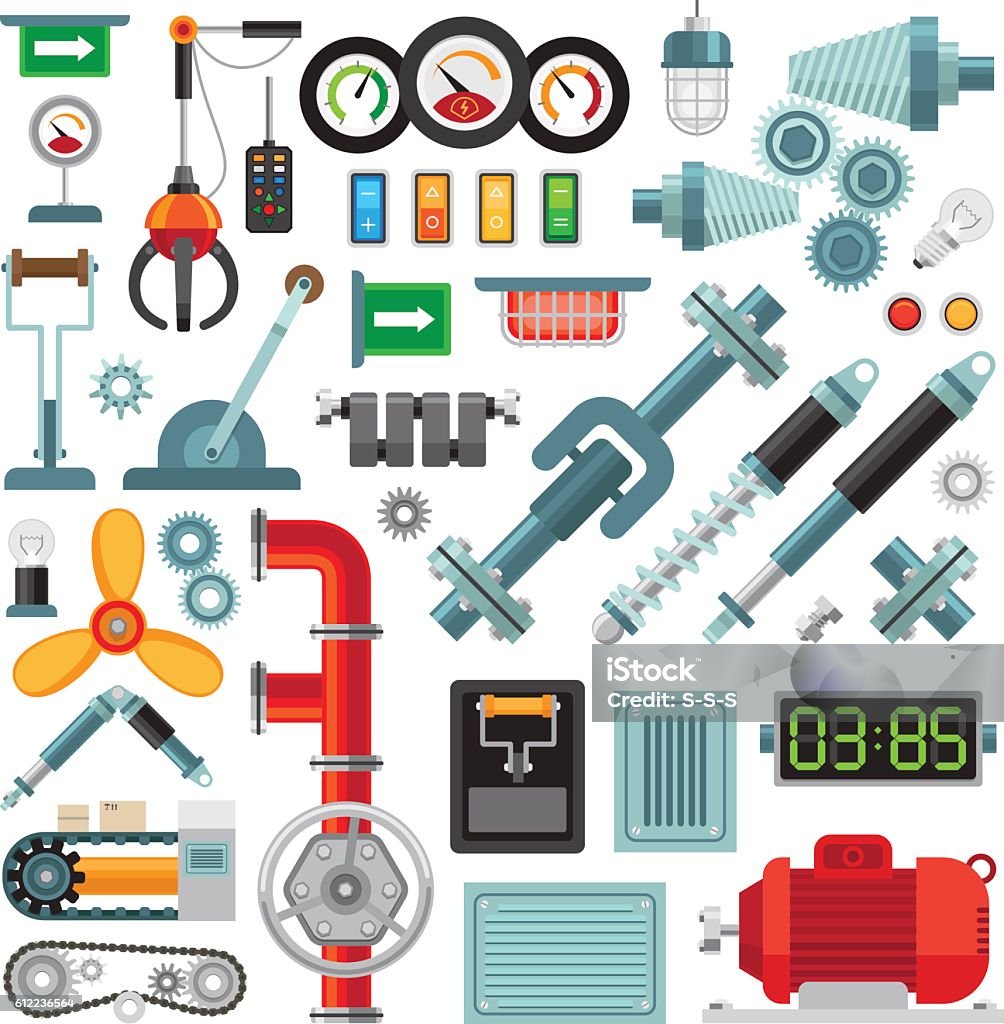 Machinery flat icons Machinery flat icons. Industrial equipment, mechanical gears and levers, machine parts Activity stock vector
