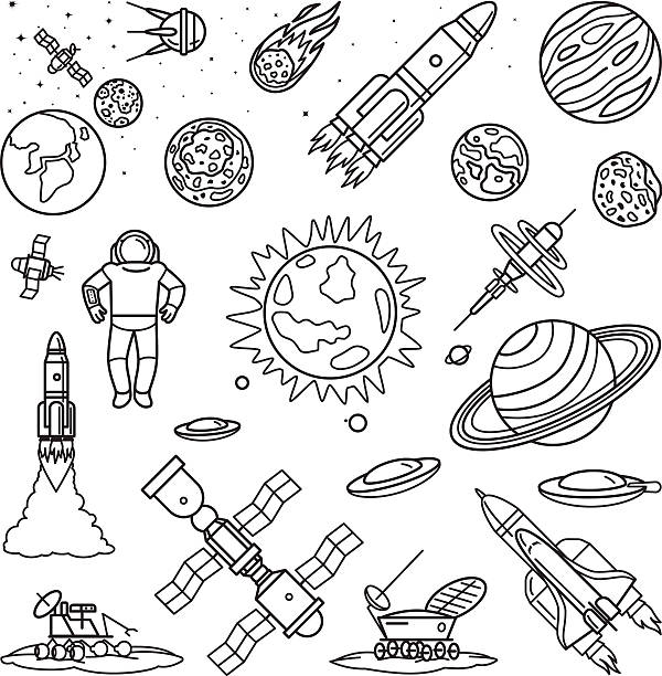 Space doodle linear icons Space doodle linear icons. Vector planets, rockets, earth and astronaut cartoon hand drawn signs astronaut borders stock illustrations
