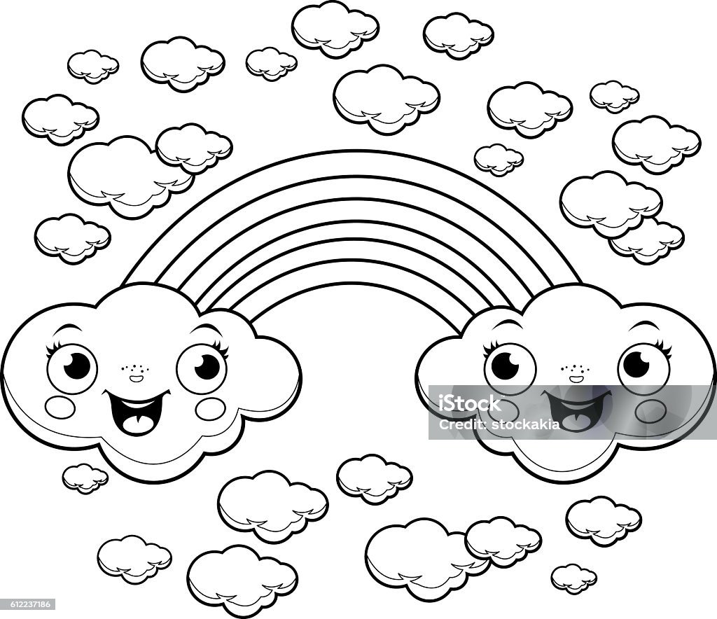 Rainbow cloud characters coloring page A rainbow and clouds in the sky. Black and white coloring page illustration Rainbow stock vector