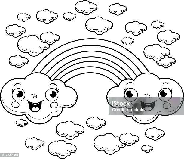 Rainbow Cloud Characters Coloring Page Stock Illustration - Download Image Now - Rainbow, Coloring, Coloring Book Page - Illlustration Technique