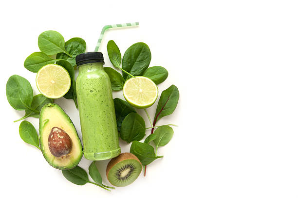 green smoothie with space - avocado vegetable ingredient isolated imagens e fotografias de stock
