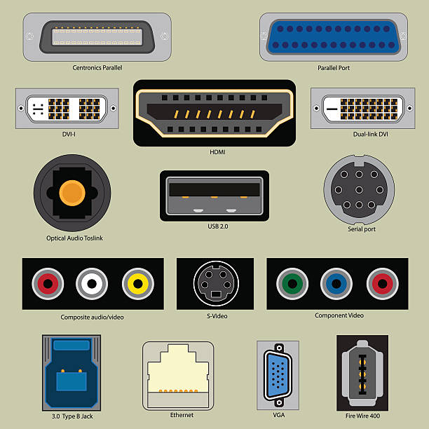 ilustraciones, imágenes clip art, dibujos animados e iconos de stock de puerto del equipo - cable audio equipment electric plug computer cable