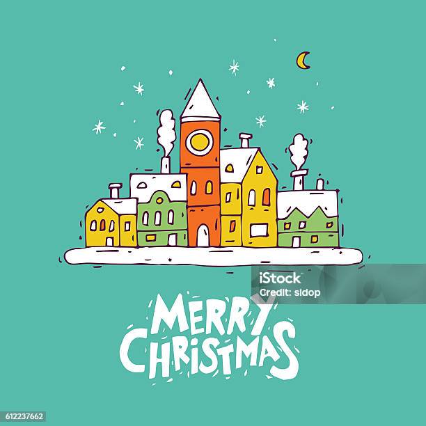 Happy New Year And Merry Christmas Stock Illustration - Download Image Now - Architecture, Cartoon, Celebration