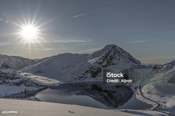 View Of Enol Lake Snowy In Winter Stock Photo - Download Image Now - Asturias, Bright, Cangas de Onis