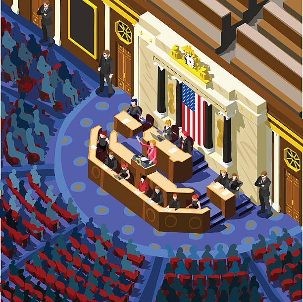 Election Infographic Congress Hall Us Vector Isometric People Election infographic.Debate party convention hall.Conference business meeting lecture.Congress theatre auditorium audience.Politic delegate competitors affiliates crowd rally.Vector isometric people senate stock illustrations