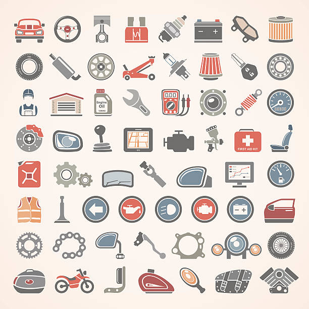 ilustrações de stock, clip art, desenhos animados e ícones de flat icons - car and motorcycle parts - car car door car key door