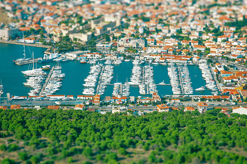 Aerial view of an Aegean town yacht marina, Cesme, izmir, Turkey