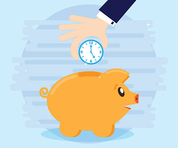 ilustrações, clipart, desenhos animados e ícones de empresário entrega relógio em cofrinho de porco. conceito de negócios. hora - time savings currency pig