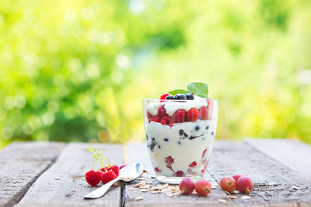 istock Natural yogurt with fresh raspberries, black currant and muesli. 612244054