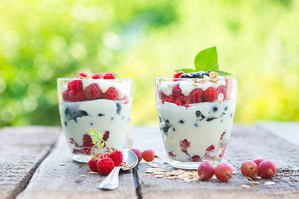 istock Natural yogurt with fresh raspberries, black currant and muesli. 612244350