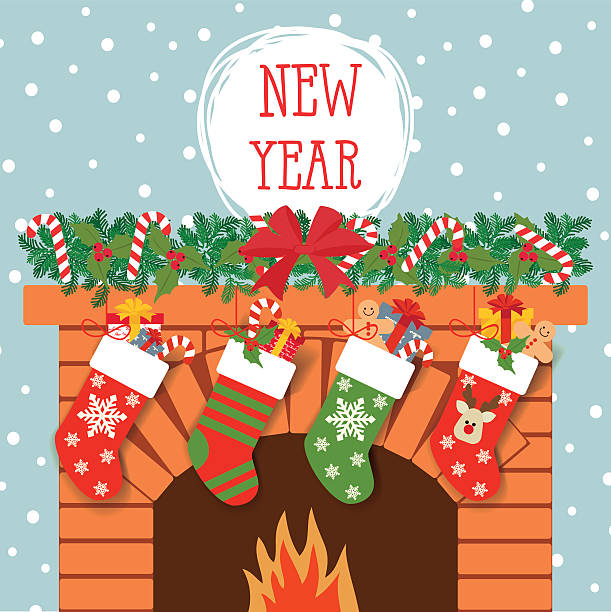 weihnachtssocken mit geschenken auf dem hintergrund des kamins - weihnachtsstrumpf stock-grafiken, -clipart, -cartoons und -symbole