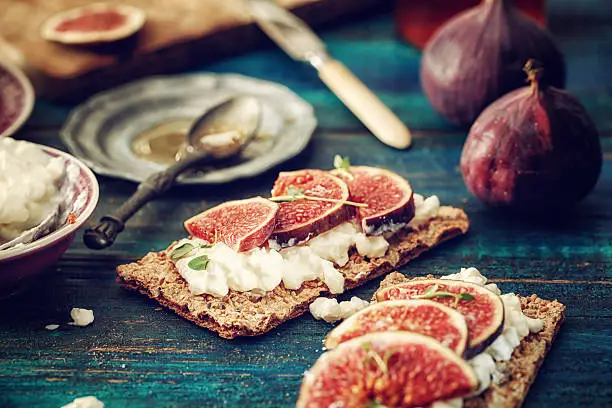 Crispbread with Cottage Cheese, Figs and Sweet Honey Served on a Table