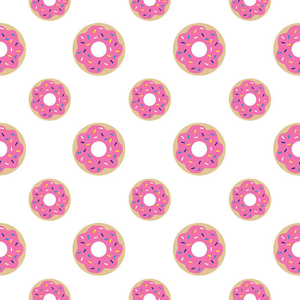 Donuts Seamless Pattern Vector seamless pattern of donuts with pink icing and sprinkles. donuts stock illustrations