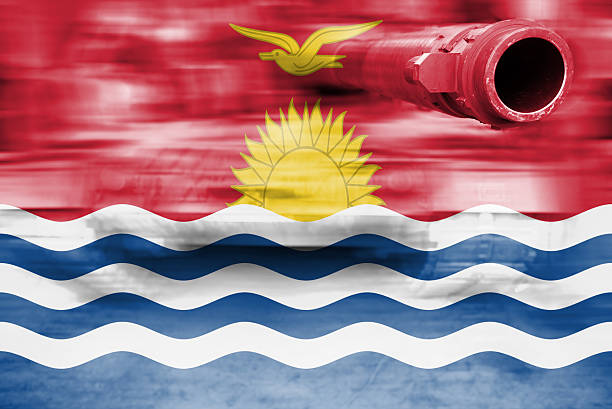 istock military strength theme, motion blur tank with Kiribati flag 612250650