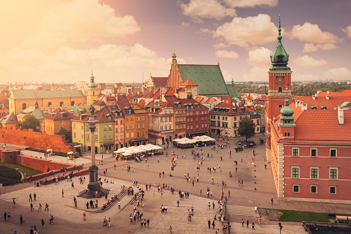 View over Castle Square at the old town of Warsaw. The historic centre of Warsaw is a UNESCO world heritage site.