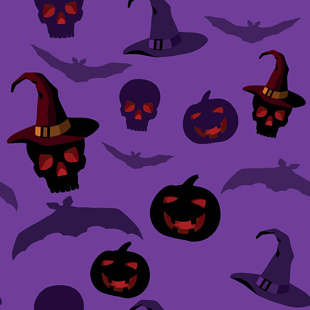 seamless pattern with halloween paraphernalia vector art illustration