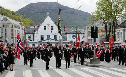 Bergen, Norway - May 17, 2016: National day in Norway. Norwegians at traditional celebration and parade.