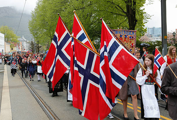 National day in Norway. Norwegians at traditional celebration and parade. stock photo