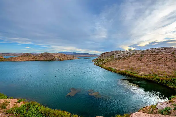 Lake Mead at sunrise with record low water level   Las Vegas Nevada