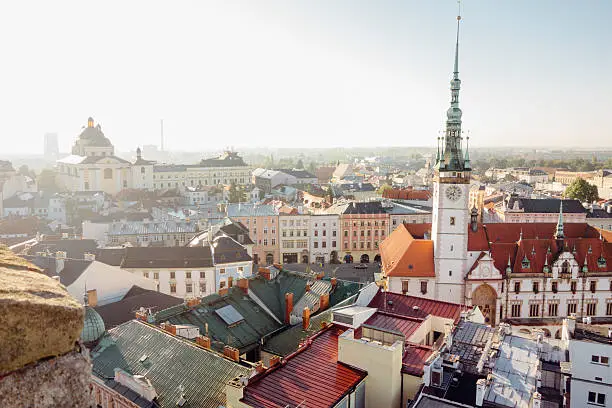 Olomouc, Czech Republic, UNESCO World Heritage Site, Outdoors, Travel Destinations, aerial view from above, rooftops of the residential buildings and monuments. 